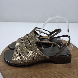 Pons Quintana Sandals Womens Size 7 37.5 Gold Leather Woven Slingback Block Heel